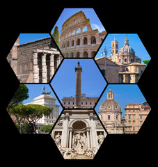 Rome famous landmarks collage. The set from best views of Rome at Italy, Europe.