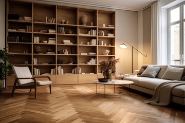 Herringbone Wooden Floor Ideas: Modern Home Living Area with Wooden Shelving for Cozy Atmosphere