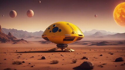 Fototapeta na wymiar ufo in the desert _A bright yellow spaceship with a round shape and a solar panel. The spaceship is leaving 
