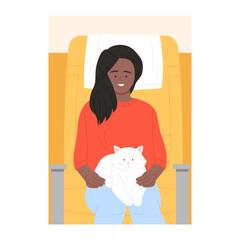 Smiling girl travelling with white cat. Vacation together with pet cartoon vector illustration