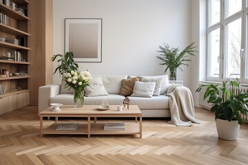 Herringbone Wooden Floor Patterns in Modern Scandinavian Living Room with Cozy Sofa