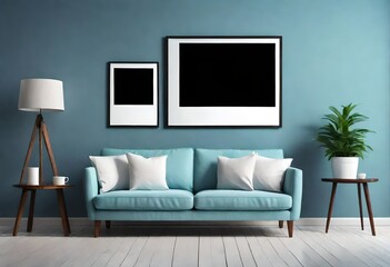 wooden table near black sofa on light blue wall with poster frame
