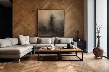 Fototapeta na wymiar Herringbone Patterns: Chic Modern Living Area with Contemporary Wooden Design