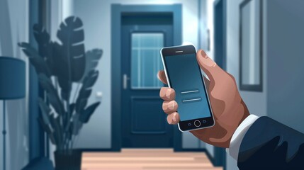 hand man closely interacts with phone application, businessman utilizes smartphone to remotely control house and office door openings