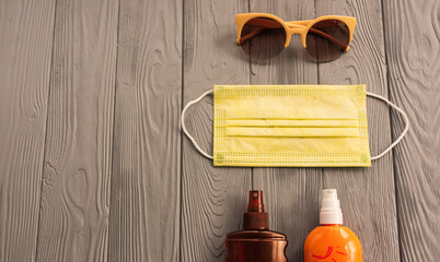 New normal covid face mask sun protection sunglasses sunscreen spray lotion tan