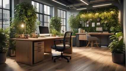 Office Interior Featuring Lush Flora. Modern Office Surrounded by Green Plants. Green Office. Modern Eco-Friendly Office Space Featuring a Lush Living Green Wall, Designed to Promote Employee Wellness