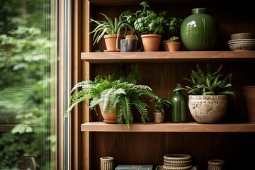 Biophilic Minimalism: Wooden Shelf With Lush Green Plants - Cozy Home Design