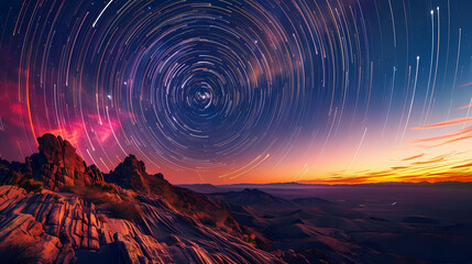 Star Trails Over Mountainous Terrain at Sunset