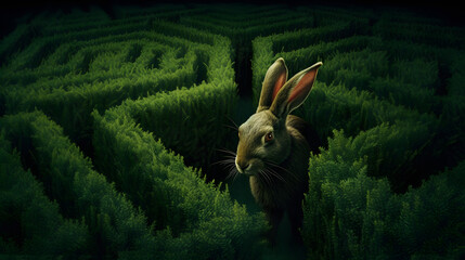 a rabbit on green grass in a dark maze