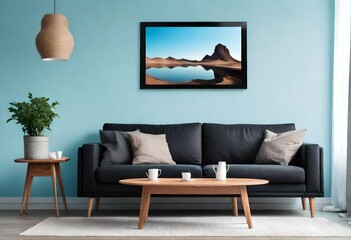 wooden table near black sofa on light blue wall with poster frame