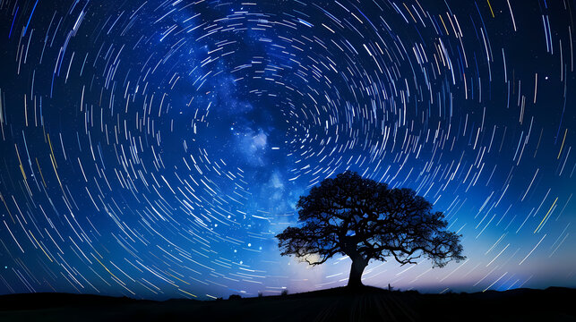 Star Trails Over Lone Tree at Twilight. Nature Background