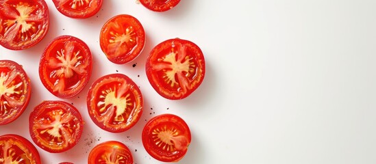 Numerous evenly sliced tomatoes are arranged in a heap on a clean, white tabletop. The red, juicy tomato slices create a vibrant contrast against the stark white background. - Powered by Adobe