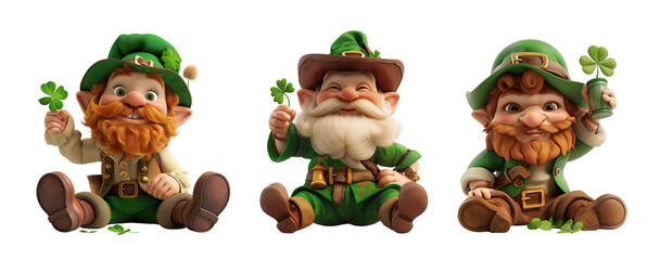 Cute cartoon leprechaun sits and holding a leaf clover. Irish holiday St. Patrick's Day.