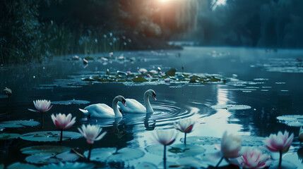 Serene Swan Gliding on a Misty Lake at Dawn