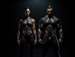 Fototapeta na wymiar Athletic muscular woman and man torsos on a black background. Layout concept for a gym or fitness training. 