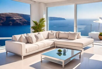 Fototapeta na wymiar Luxury apartment terrace Santorini Interior of modern living room sofa or couch with beautiful sea view 