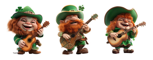 Happy leprechaun playing guitar and sings. Irish holiday St. Patrick's Day.