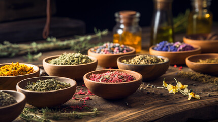 assortment of dry tea in wooden bowls, healing herbs in with chamomile and essentials, panorama backgrounds banner. 
