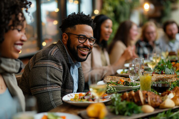 A group of diverse people gathering around a table, enjoying a communal meal of delicious and healthy dishes, fostering connection and promoting a balanced lifestyle.