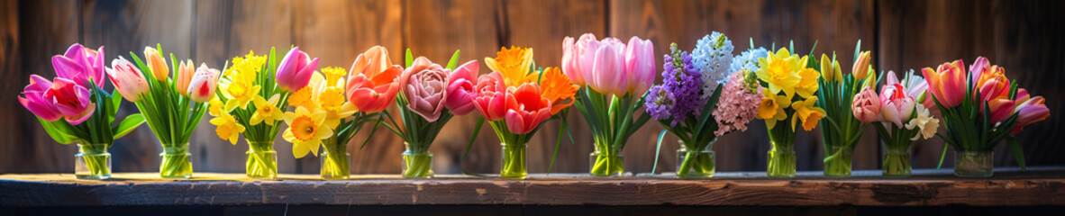 A beautiful line-up of assorted colorful spring flowers in transparent vases placed on a rustic wooden shelf against a dark background.
