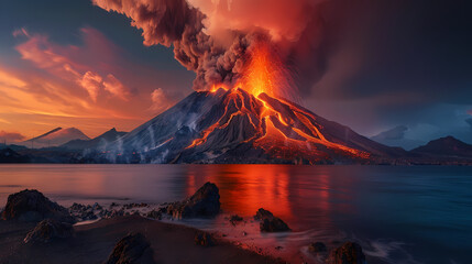 Volcanic Eruption at Dusk by the Lake - obrazy, fototapety, plakaty