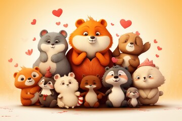 Adorable animal characters expressing love