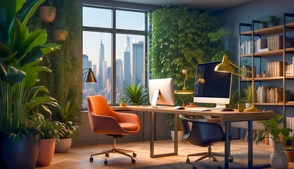 Fototapeta premium Office Interior Featuring Lush Flora. Modern Office Surrounded by Green Plants. Green Office. Modern Eco-Friendly Office Space Featuring a Lush Living Green Wall, Designed to Promote Employee Wellness