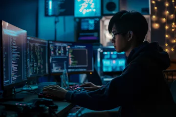 Foto op Canvas An Asian hacker immersed in cybercrime activities, utilizing sophisticated technology and clandestine tactics to infiltrate systems and compromise digital security. © Piyaphorn