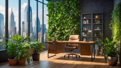 Fototapeta na wymiar Office Interior Featuring Lush Flora. Modern Office Surrounded by Green Plants. Green Office. Modern Eco-Friendly Office Space Featuring a Lush Living Green Wall, Designed to Promote Employee Wellness