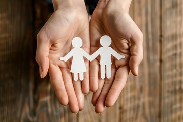 Family concept with hands holding a paper cutout of a family Representing home stability Foster care And emotional support - obrazy, fototapety, plakaty
