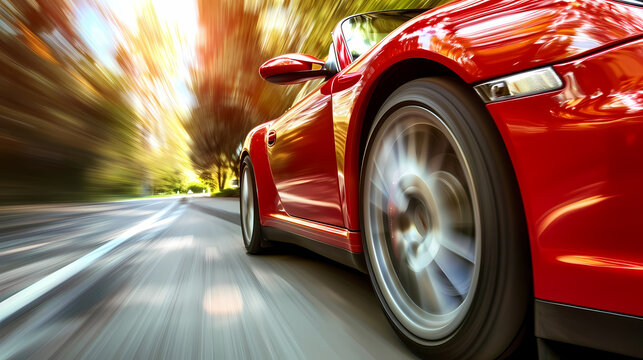 Red Sports Car Speeding Down an Autumn Road with Motion Blur Effect