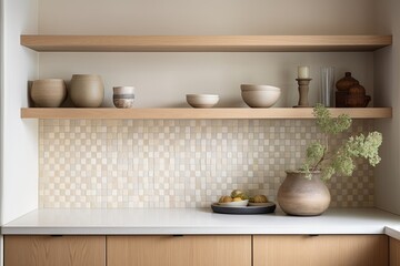 Fototapeta na wymiar Scandinavian Kitchen Oasis: Minimal Design with Mosaic Tile Backsplash and Wooden Cabinets