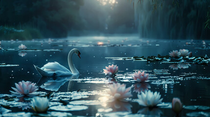 Serene Swan Gliding on a Misty Lake at Dawn