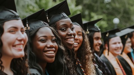 diverse group of graduates celebrating academic success together, smiling widely in caps and gowns - obrazy, fototapety, plakaty