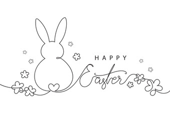 easter bunny with hand drawn happy easter lettering and flowers in line art style,isolated vector iluustration on white background