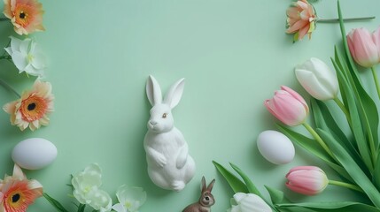 Naklejka na ściany i meble fresh colorful tulips quail eggs and ceramic Easter bunnies on isolated light green background