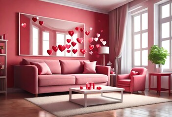 Interiorof living room with sofa and decor for Valentine day 