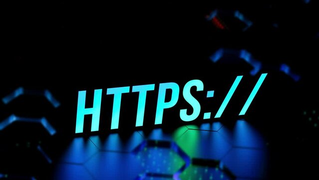HTTPS - encryption to improve security. HTTPS glowing inscription, concept, animation, 3D render