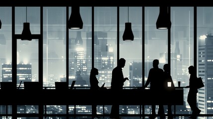 Silhouettes of people: population and business concept, urban crowds at dusk, cityscape with office buildings and busy streets, modern lifestyle and work environment, illustration for social dynamics 
