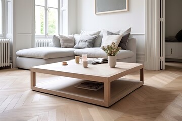 Nordic Minimalist Living Room: Herringbone Wooden Floor Design with Wooden Coffee Table