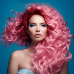 Beautiful beauty or fashion portrait of a woman with makeup with pink curly hair on a beautiful blue background Job ID: 6748983d-a553-4082-877f-d459b3ae8435