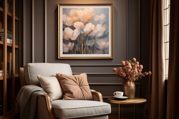Golden Frame Art Oasis: Contemporary Cozy Living Room with Comfy Armchair