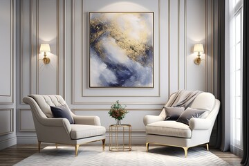 Golden Frame Art: Contemporary Cozy Living Room with Comfy Armchair
