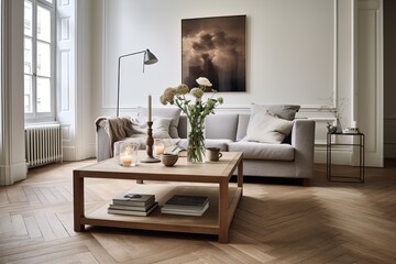 Nordic Chic: Herringbone Wooden Floor Living Room with a Stylish Wood Coffee Table