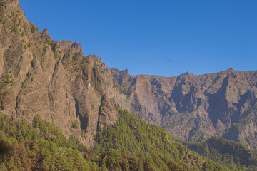 Paisajes con majestuosos pinares y grandes barrancos desde La Caldera de Taburiente en la isla de La Palma.