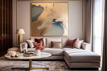 Golden Door Handle Living Room: Sleek Design, Comfy Sofa, Art Decor Showcase