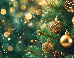Pinienzweige zu Weihnachten. Weihnachtsfest. Weihnachtsbaum mit goldenen Kugeln und Lichterkette mit Bokeh Hintergrund.