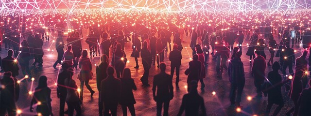 dynamic online community showcasing the intricate web of connections and relationships among a diverse crowd of people, enhanced by glowing lines of light