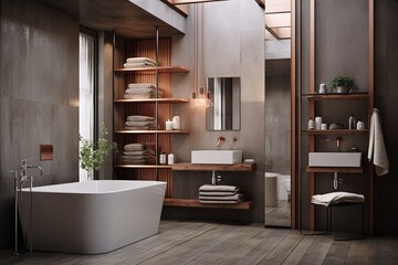 Fototapeta na wymiar Rose Gold Loft Bathroom with Concrete Walls & Wooden Accents