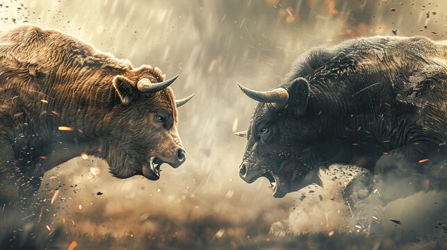 dynamic confrontation between the bull and bear markets in the ever-changing stock market landscape, illustrating the perpetual fight for control over market trends